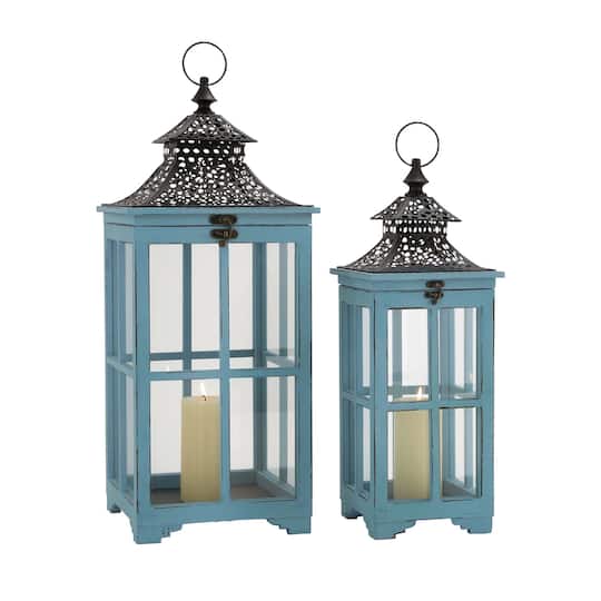 Set of 2&#x22; Turquoise Wood Coastal Lantern, 21&#x22;, 26&#x22;